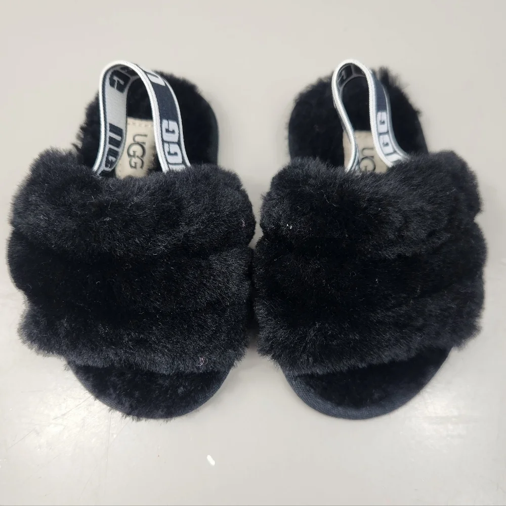 UGG Toddler Oh Yeah Fluffy Shearling Sheepskin Slingback Slipper Black 6